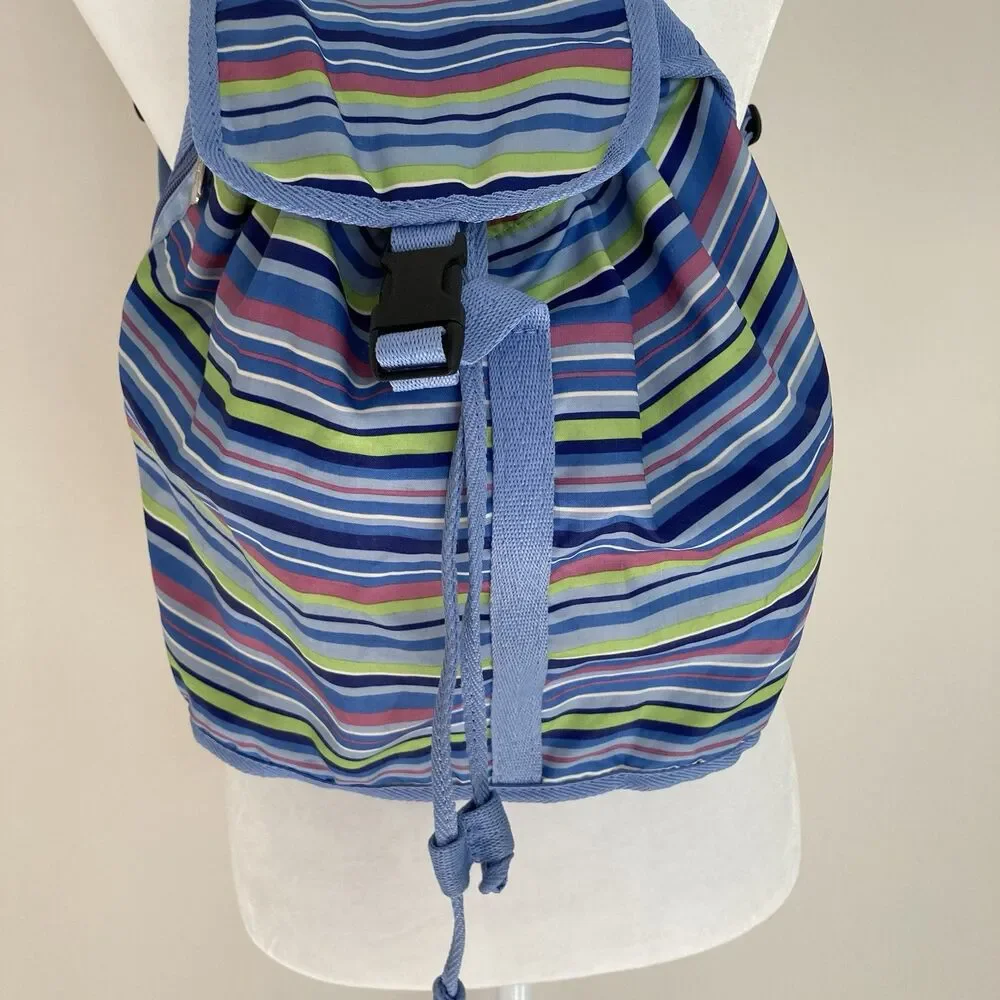 LeSportSac Blue Pink Striped Voyager Drawstring Nylon Small Backpack Bag